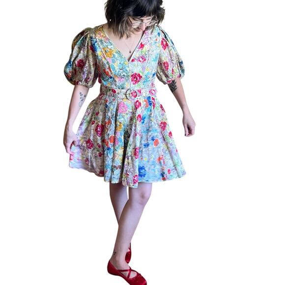 Zimmermann Clover Belted Linen Floral Fit & Flare Puff Sleeve Dress Size 1 US 4 - Picture 3 of 7